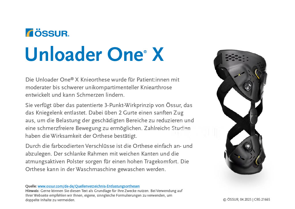 Produktinformationsblatt zur Össur Unloader One X Knieorthese mit detaillierter Beschreibung des 3-Punkt-Wirkprinzips und den Vorteilen. Produktinformationsblatt zur Össur Unloader One X Knieorthese mit detaillierter Beschreibung des 3-Punkt-Wirkprinzips und den Vorteilen.
