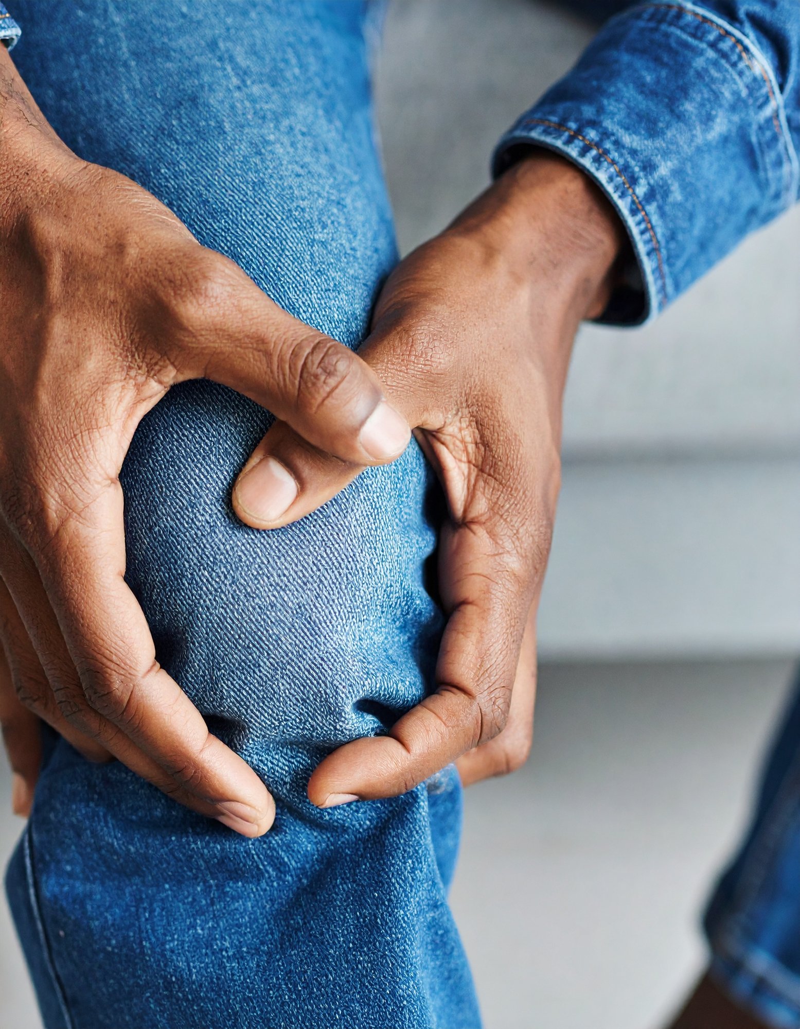 Mit KI erstelltes Bild einer Nahaufnahme einer Person in Jeans, die ihr Knie mit beiden Händen wegen augenscheinlicher Knieschmerzen hält/stützt.